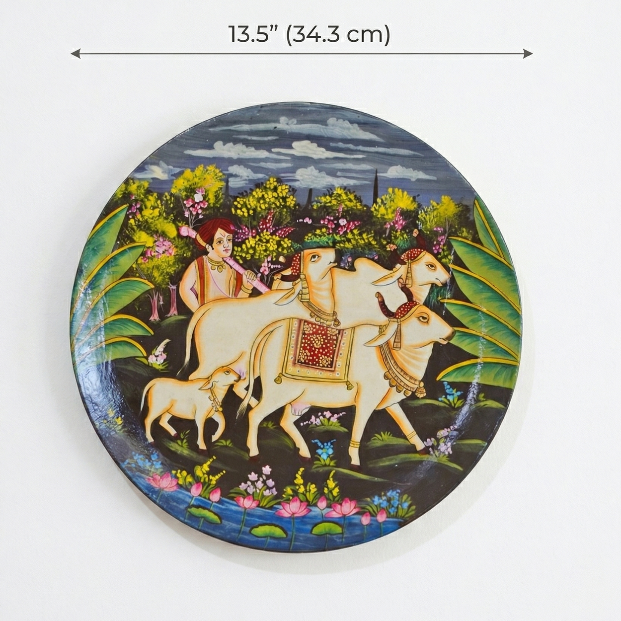 Decorative plate with Hand painted farmer with group of cows with garden in background