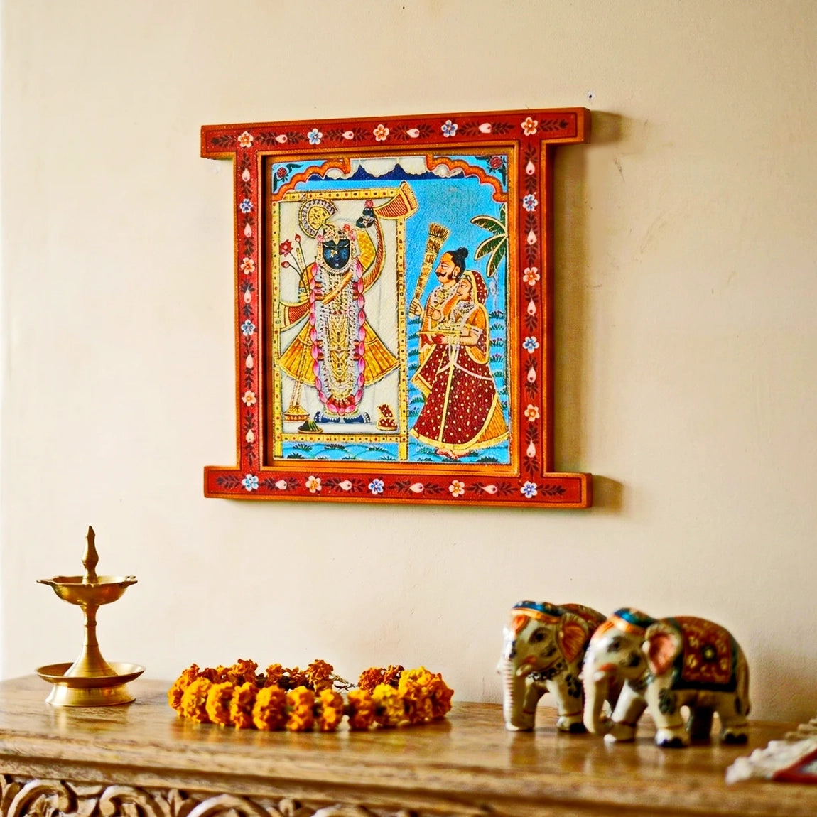 Hand Painted Srinath ji Seva Pichwai Crack Antique Finish Window Frame