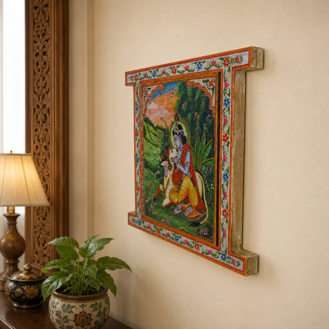 Hand Painted Krishna Pichwai Window With Crack Antique Look