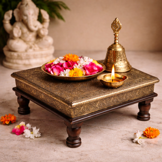 Embossed Brass sheet sqaure chowki 30cms