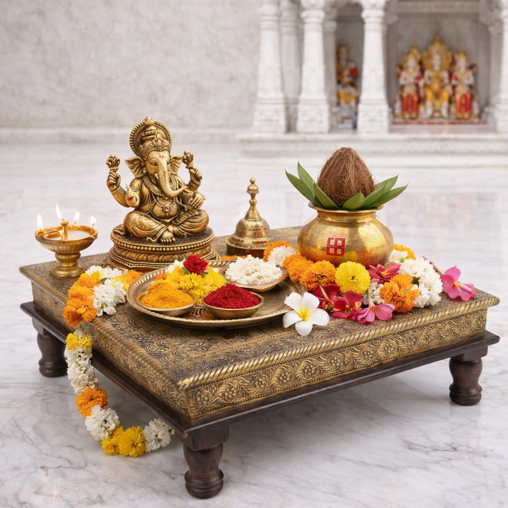 Embossed Brass sheet sqaure chowki 40cms