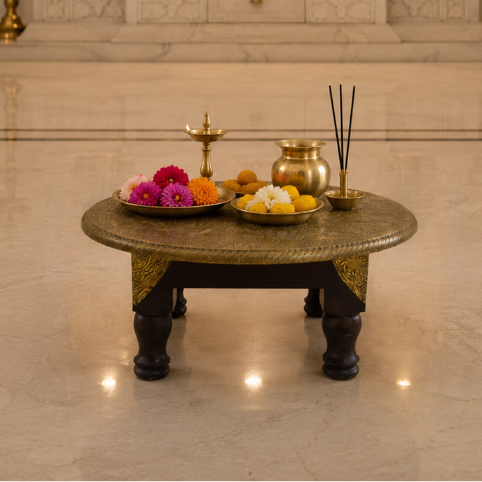 Decorative table with flowers and incense in front of a marble altar with statues and lights.