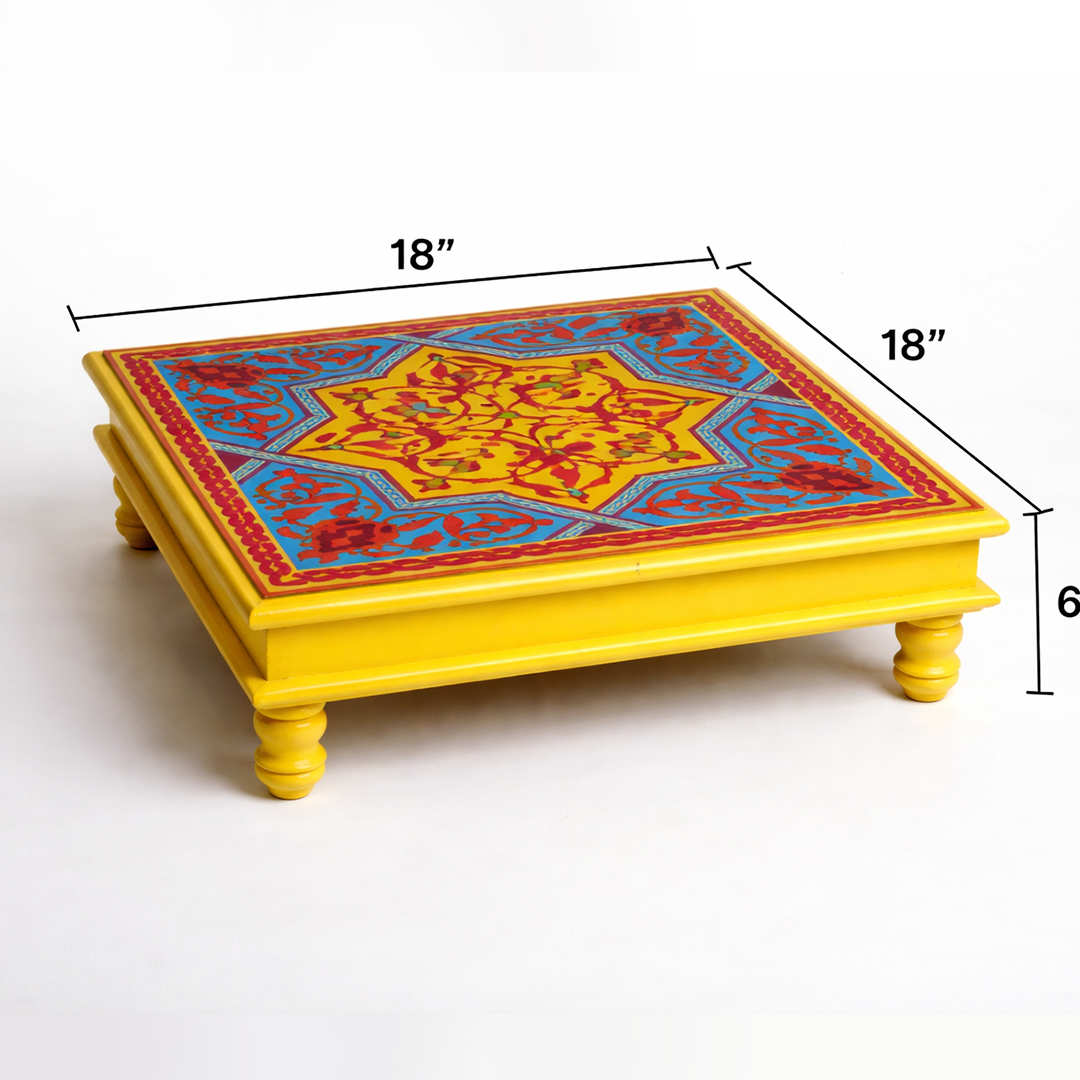 Fine Hand Painted Square Yellow Chowki 18inches