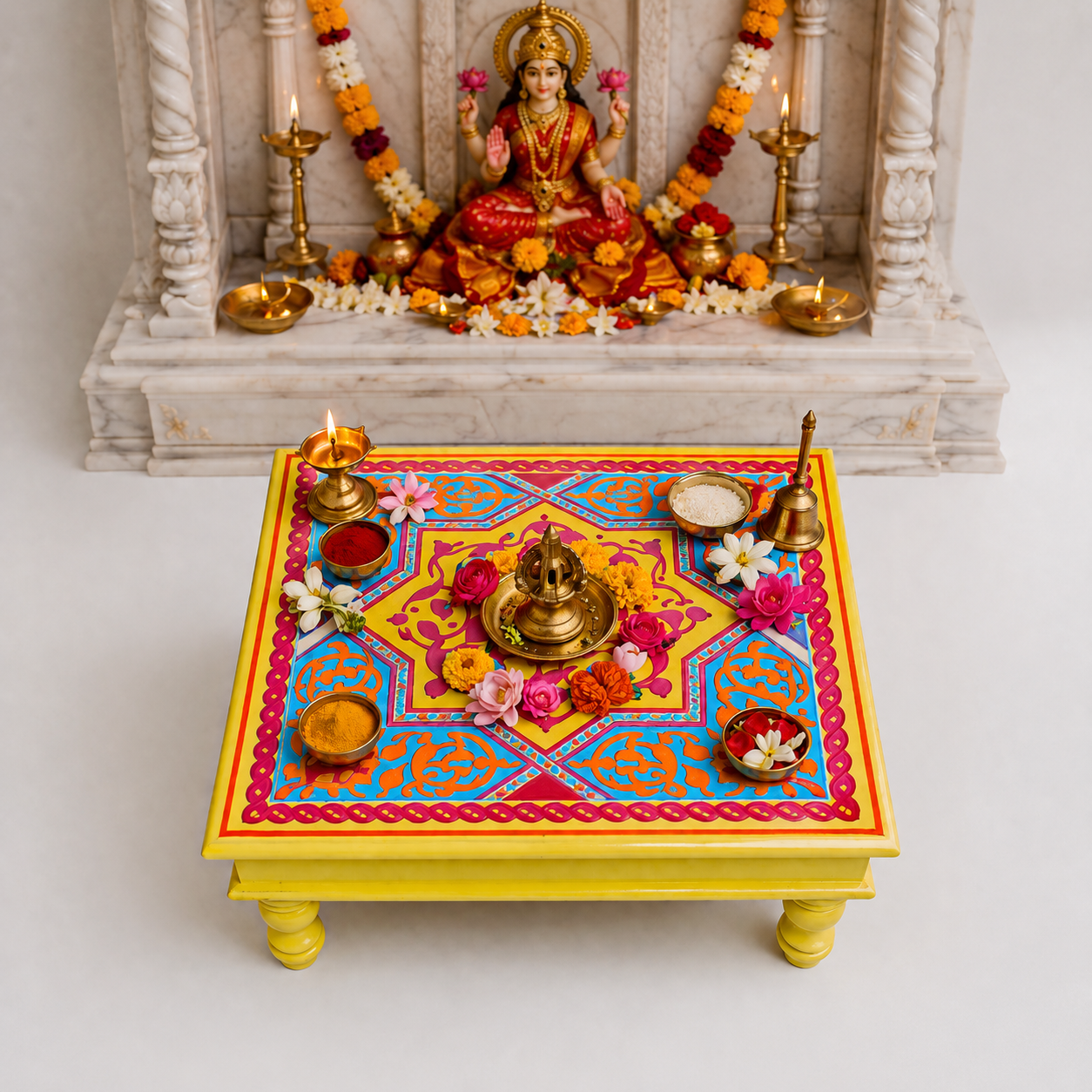 Fine Hand Painted Square Yellow Chowki 18inches