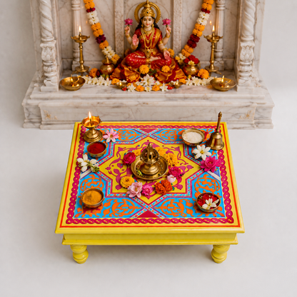 Fine Hand Painted Square Yellow Chowki 18inches