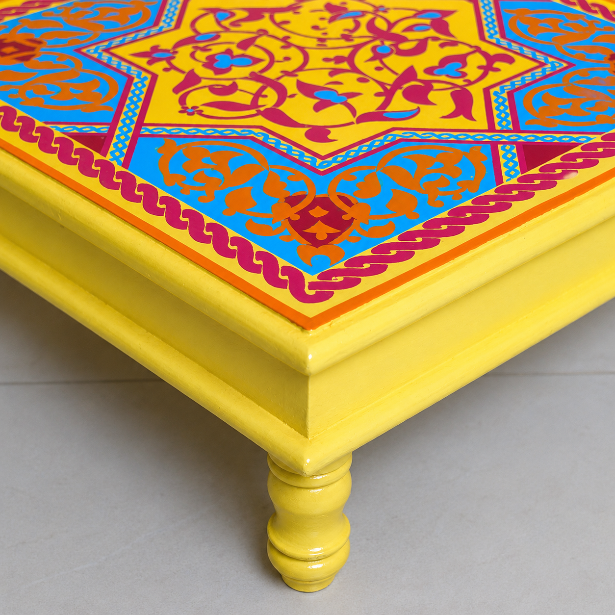 Fine Hand Painted Square Yellow Chowki 18inches