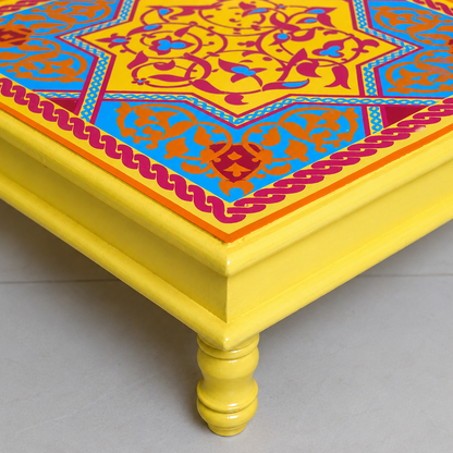 Fine Hand Painted Square Yellow Chowki 18inches