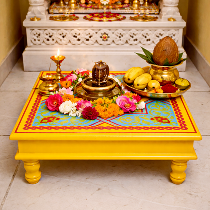 Fine Hand Painted Square Yellow aqua Chowki 18inches