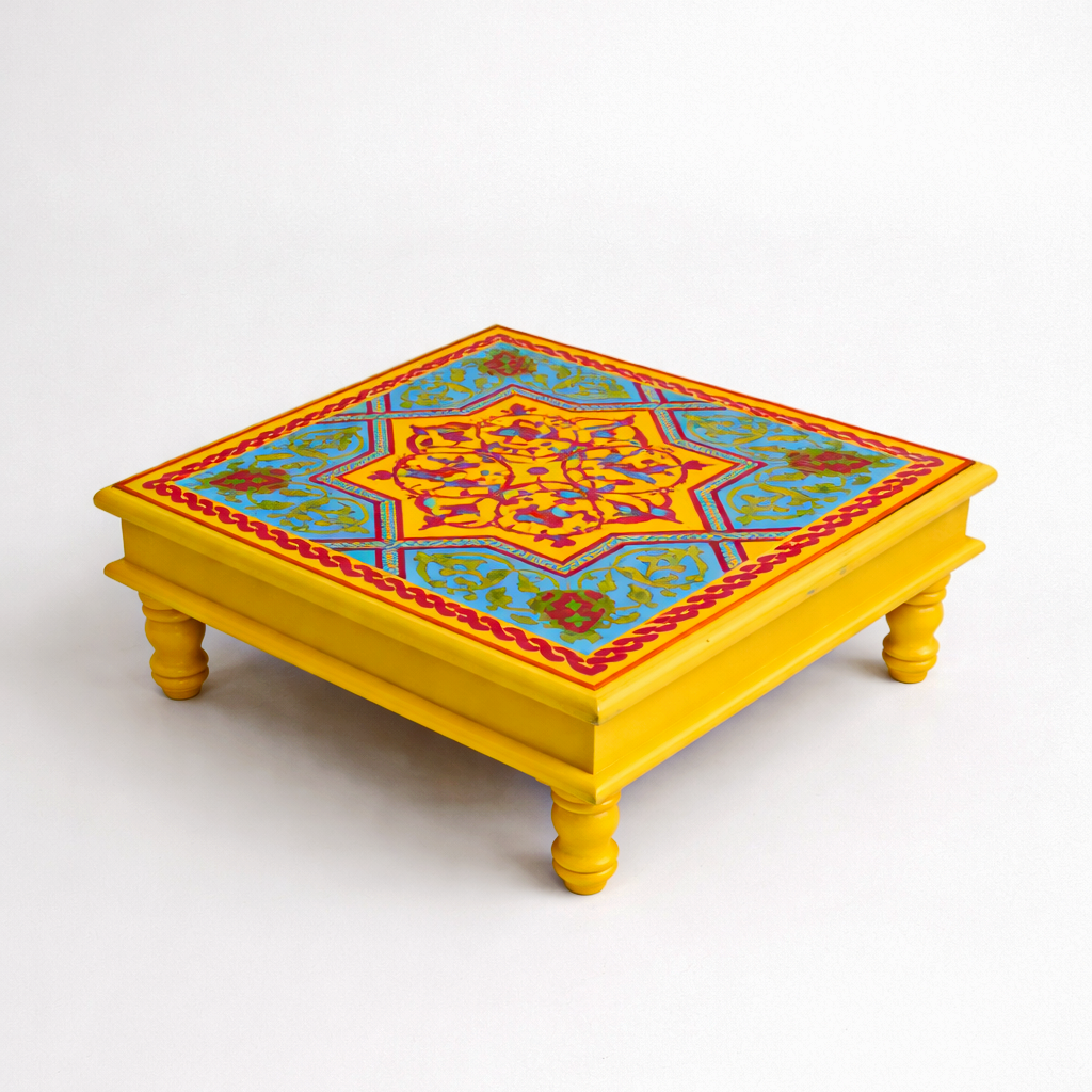 Fine Hand Painted Square Yellow aqua Chowki 18inches