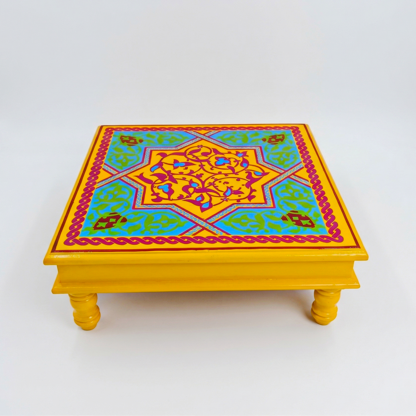 Fine Hand Painted Square Yellow aqua Chowki 18inches