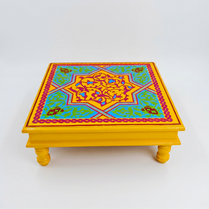 Fine Hand Painted Square Yellow aqua Chowki 18inches