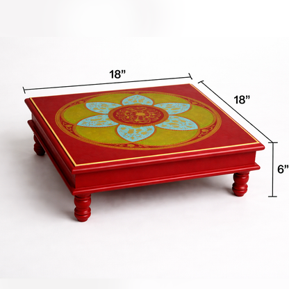 Fine Hand Painted Square Red Chowki 18inches