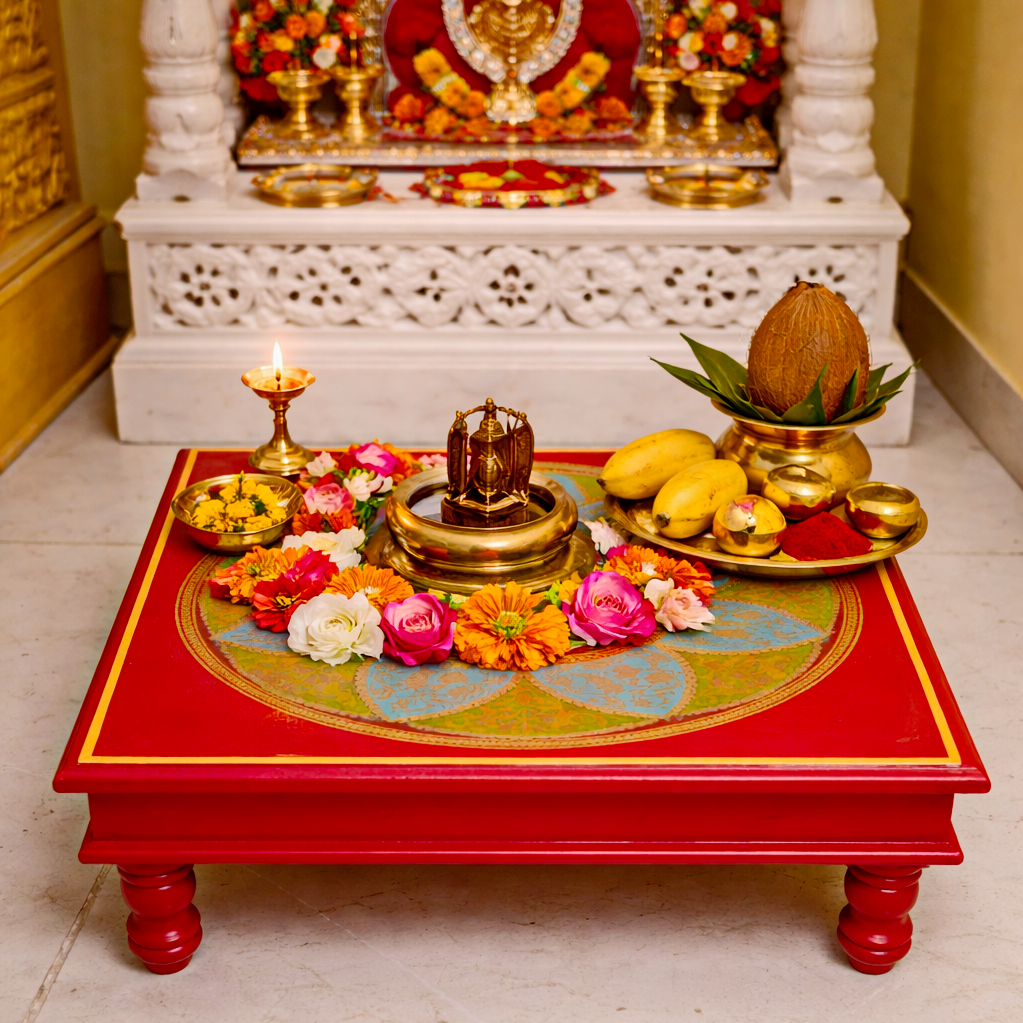 Fine Hand Painted Square Red Chowki 18inches