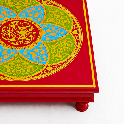 Fine Hand Painted Square Red Chowki 18inches