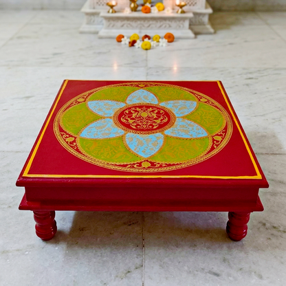 Fine Hand Painted Square Red Chowki 18inches