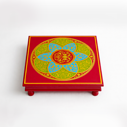 Fine Hand Painted Square Red Chowki 18inches