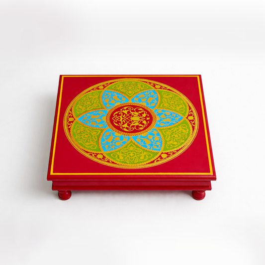 Fine Hand Painted Square Red Chowki 18inches