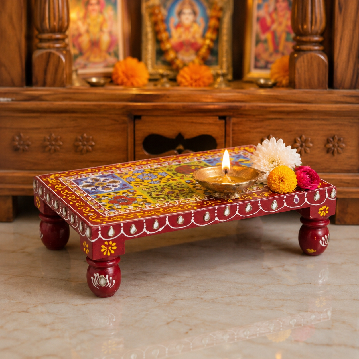 Fine Hand Painted Embssed Tiles Chowki 10 inch