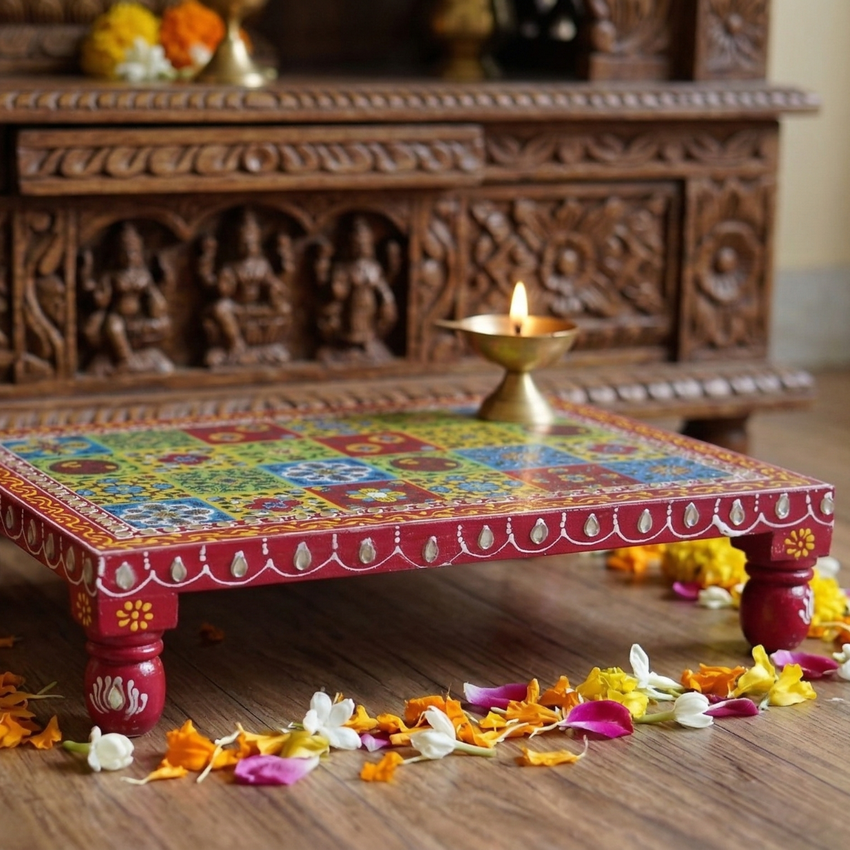 Decorative colorful table with floral arrangements on a wooden floor, with a wooden cabinet in the background.