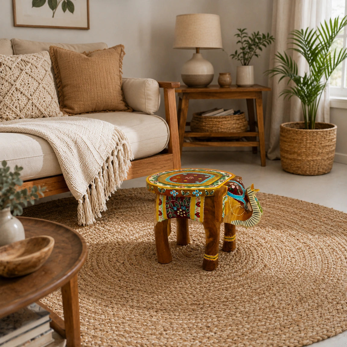 Hand Painted Elephant Wooden Seater