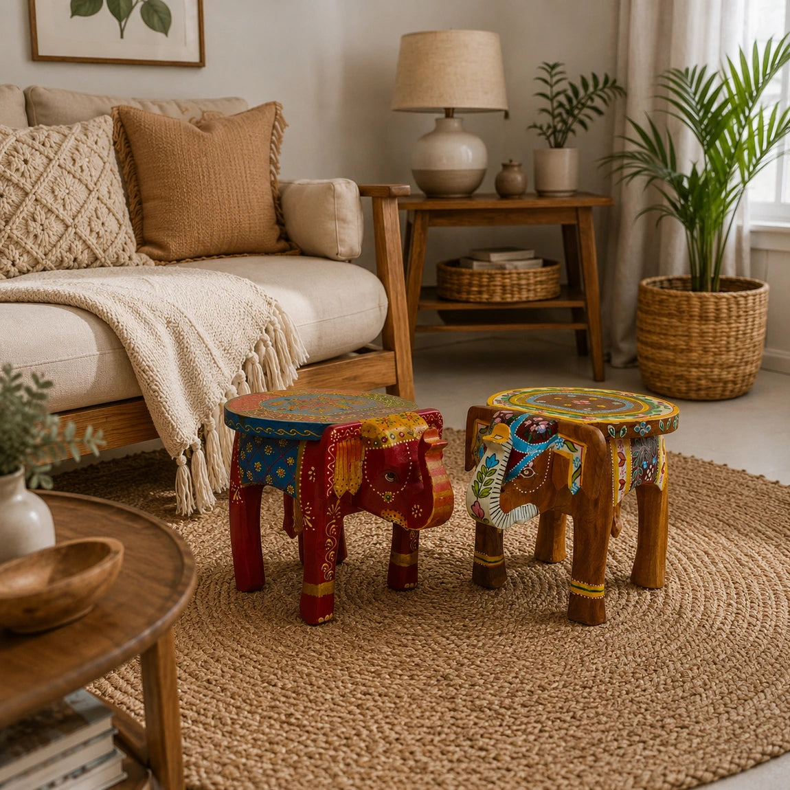 Hand Painted Elephant Wooden Seater