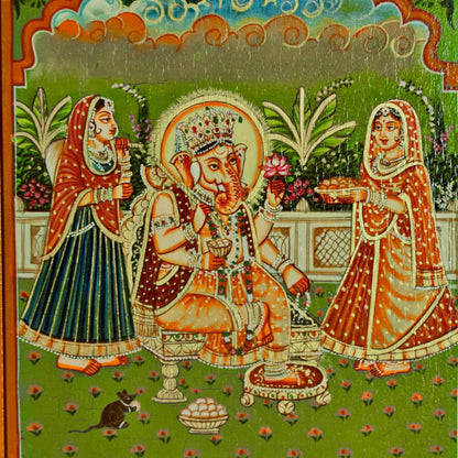 Hand Painted Ganesh ji Pichwai Window With Crack Antique Look