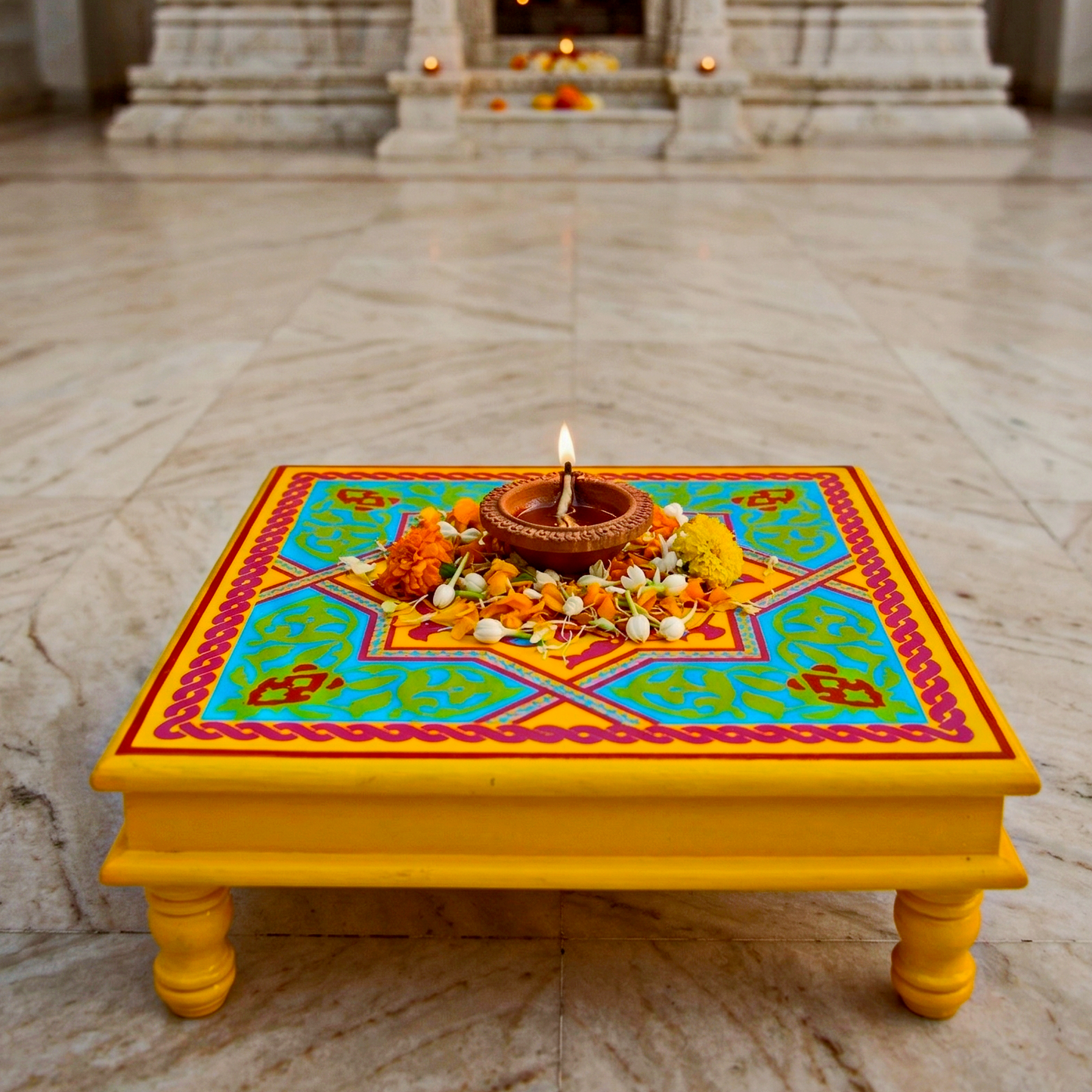 Fine Hand Painted Square Yellow aqua Chowki 18inches