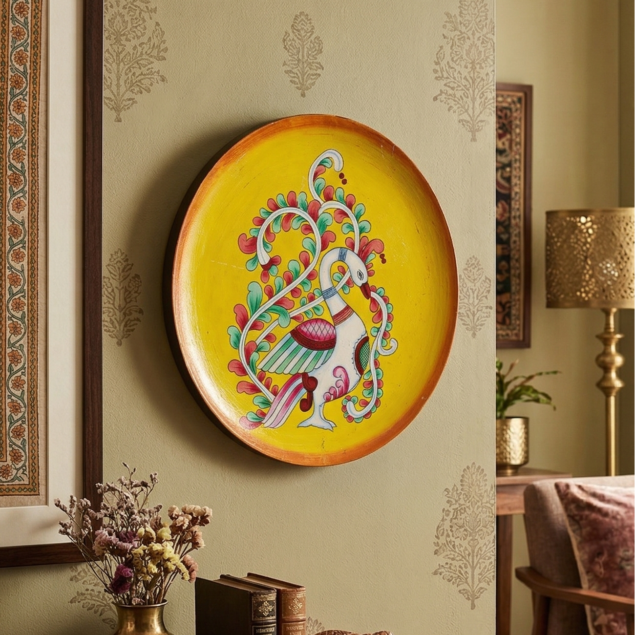 Decorative wall plate with Hand painted peacock design on a wall with floral patterns