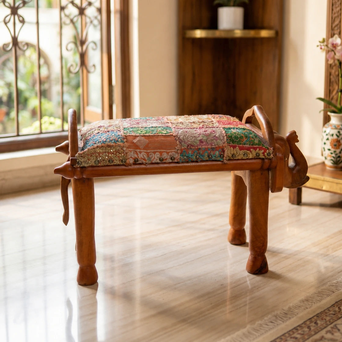 Elephant Head Single Bench with Handloom Upholstry