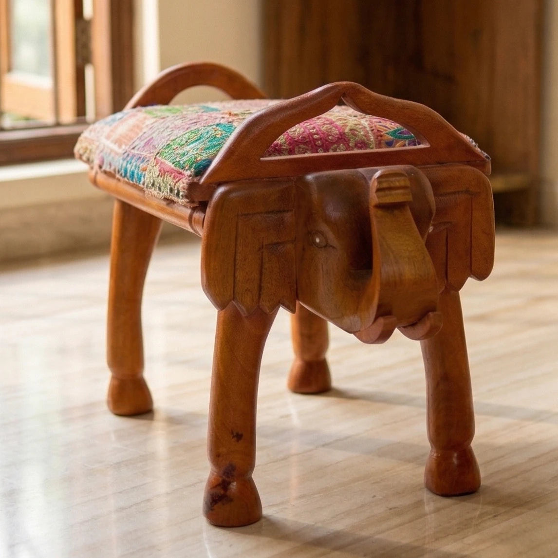 Elephant Head Single Bench with Handloom Upholstry