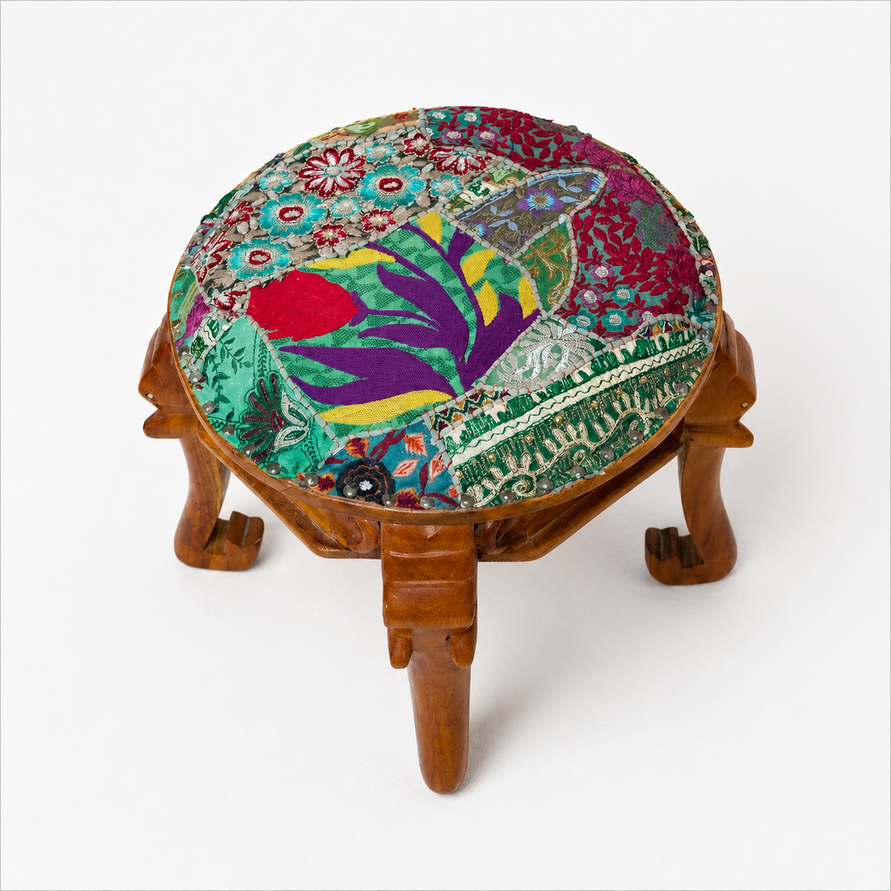 4 Head Elephant Head Round Seat with  Handloom Upholstry