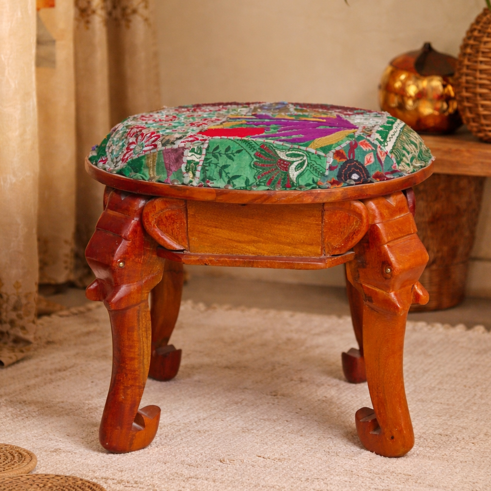 4 Head Elephant Head Round Seat with  Handloom Upholstry