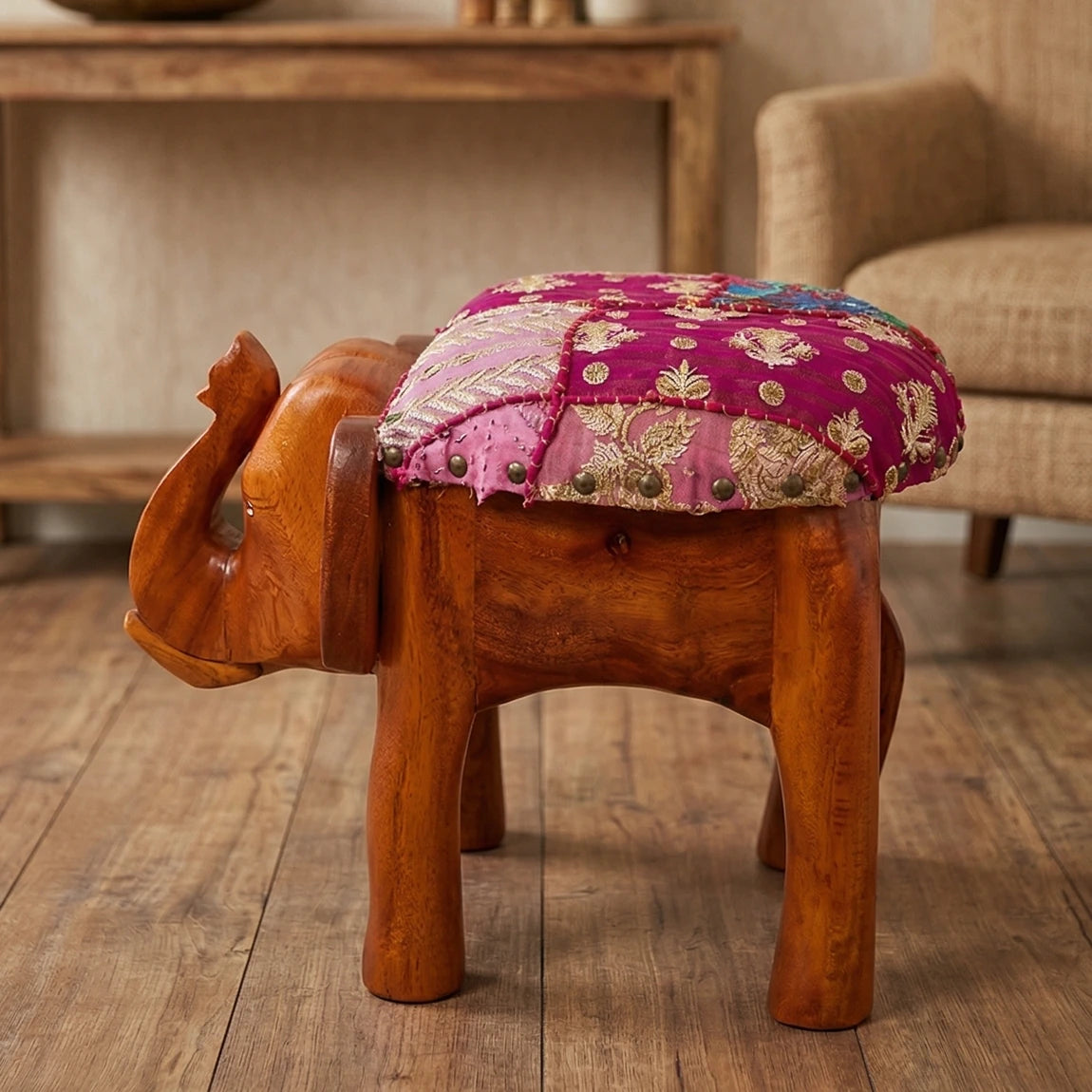 Elephant Head Round Seater with Ethnic Upholstry