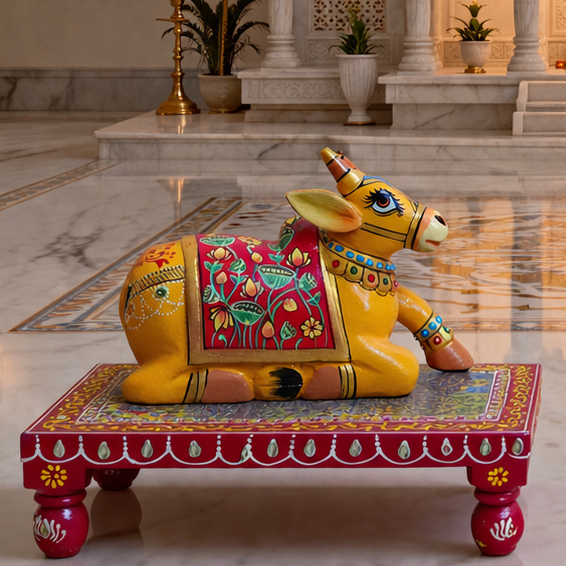 Decorative yellow cow / Nandi statue with colorful patterns on a red platform in an elegant interior setting.