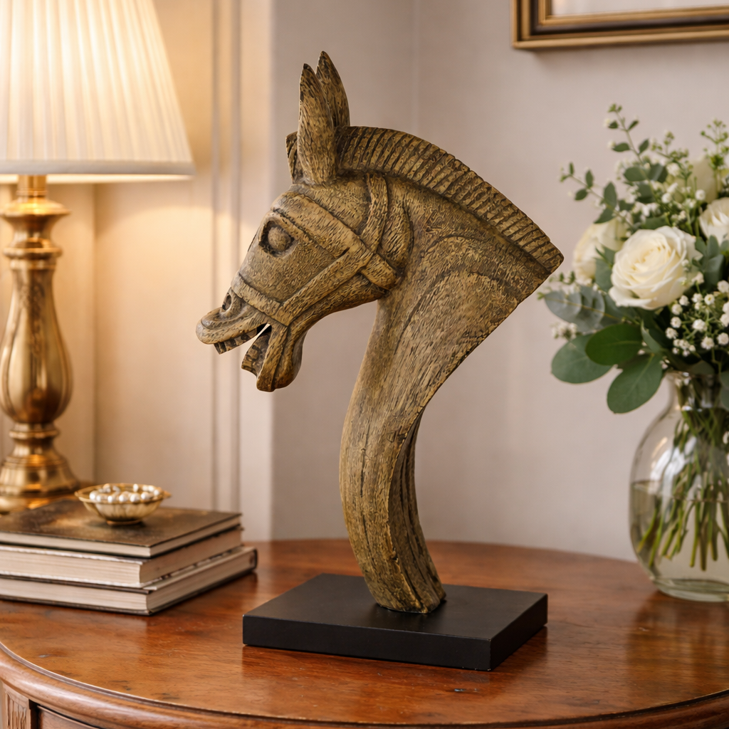 Carved Wood Horse Bust With Stand