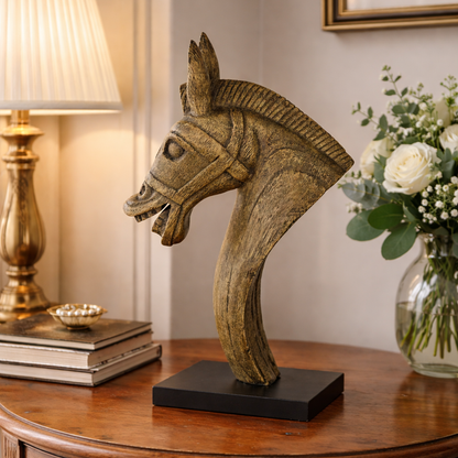 Carved Wood Horse Bust With Stand