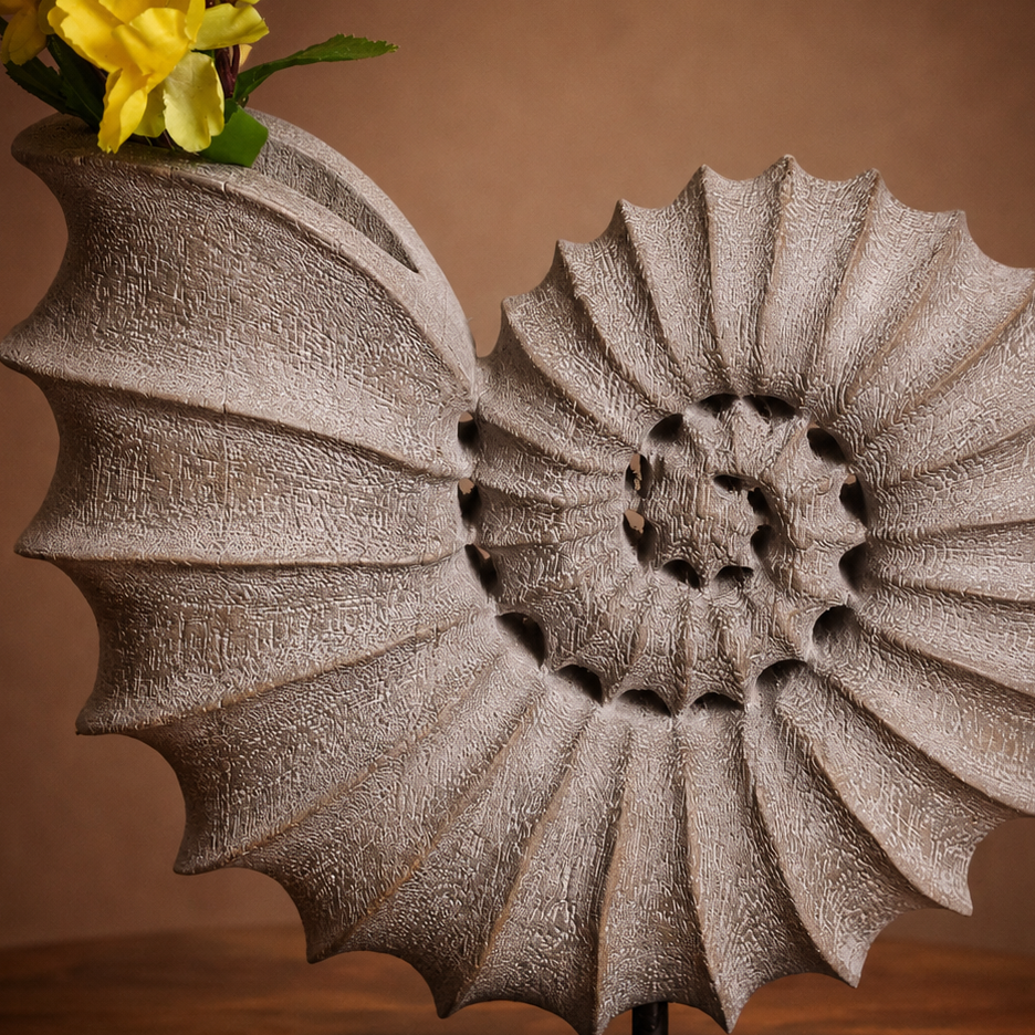 Decorative stone sculpture of a spiral design on a wooden surface with yellow flowers in the background.