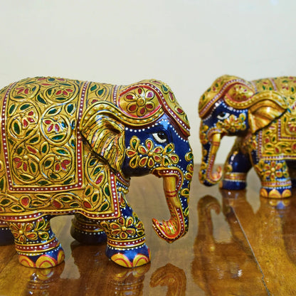 Hand Painted  Blue Elephant Pair of 2