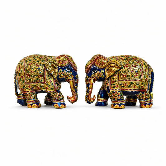 Hand Painted  Blue Elephant Pair of 2