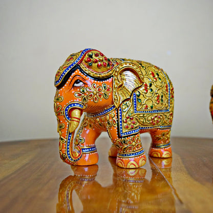 Hand Painted  Orange Elephant Pair of 2