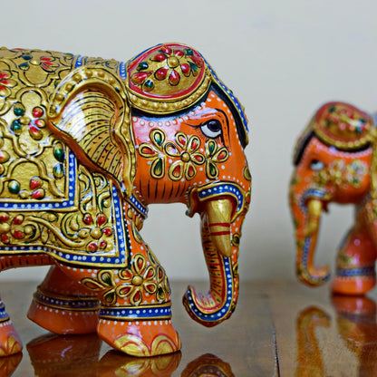Hand Painted  Orange Elephant Pair of 2