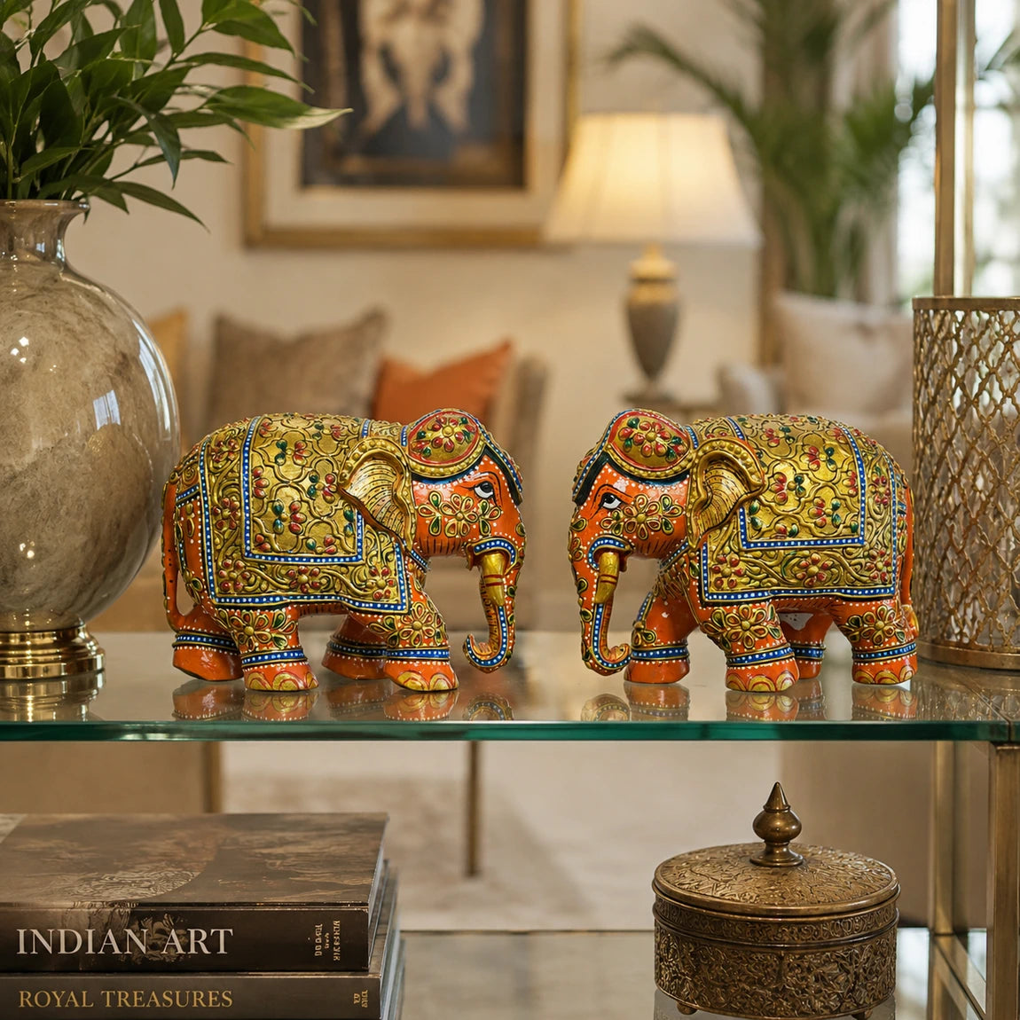 Hand Painted  Orange Elephant Pair of 2