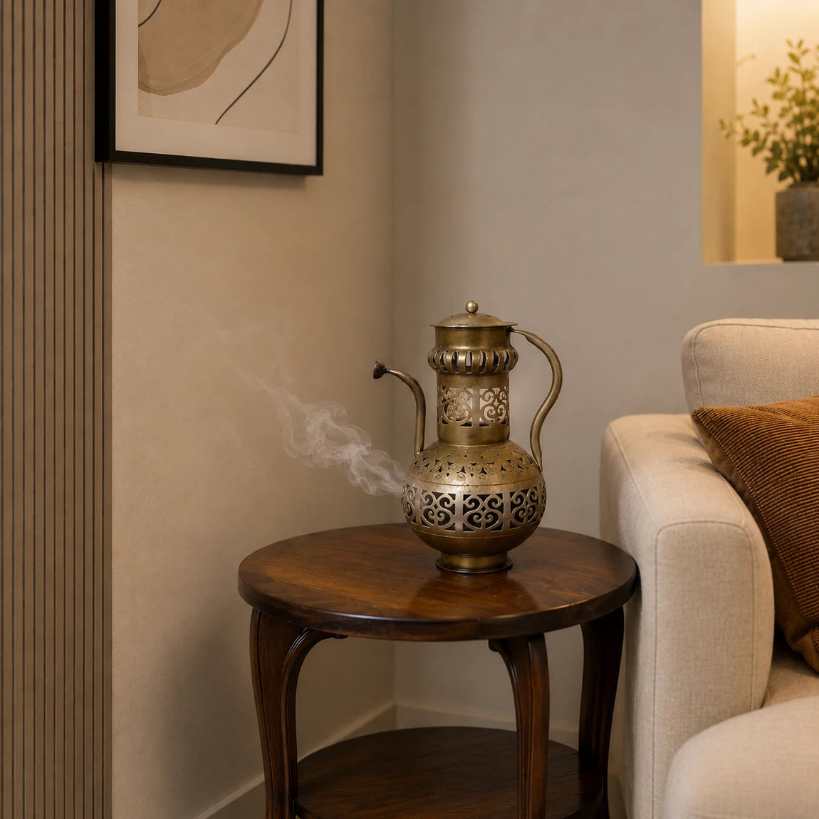 Decorative vase on a wooden side table in a living room setting