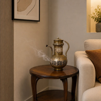 Decorative vase on a wooden side table in a living room setting