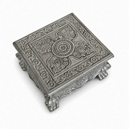 Metal Mounted Carved Teak Wood Chowki