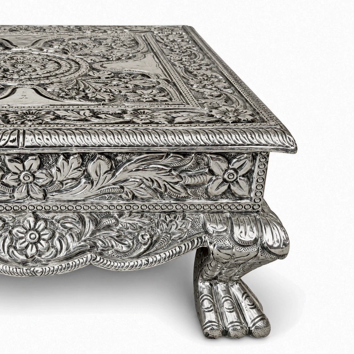 Metal Mounted Carved Teak Wood Chowki