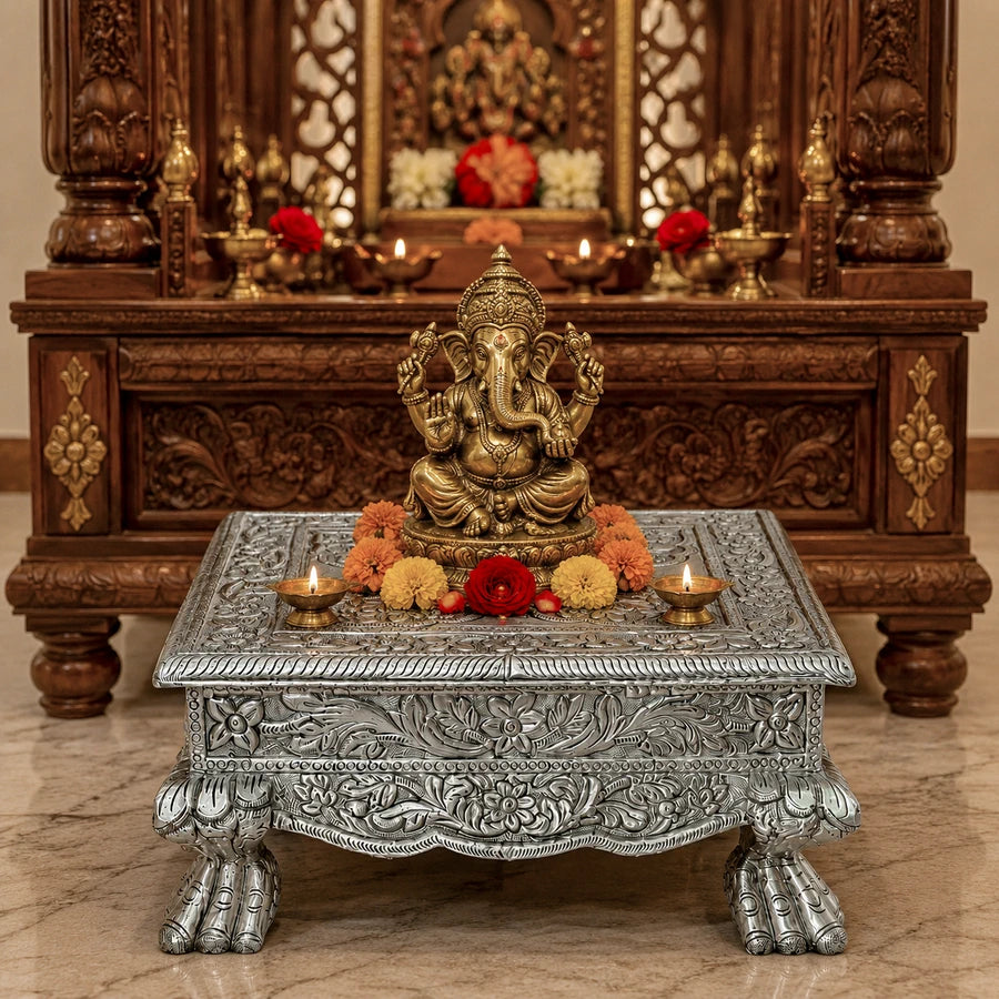 Metal Mounted Carved Teak Wood Chowki
