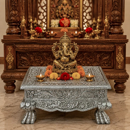 Metal Mounted Carved Teak Wood Chowki