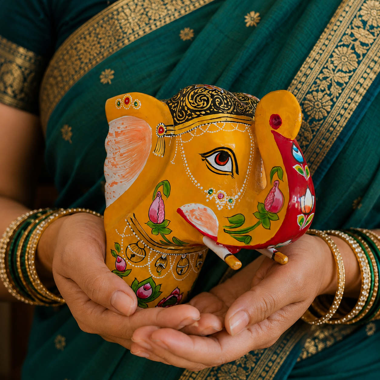 Decorative elephant figure held by hands with a person wearing a green saree with gold patterns.