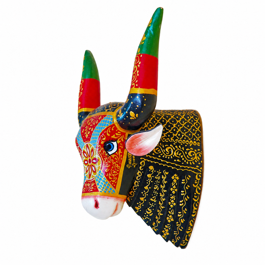 Decorative cow head hand painted wooden sculpture with colorful patterns best for vastu positivity.
